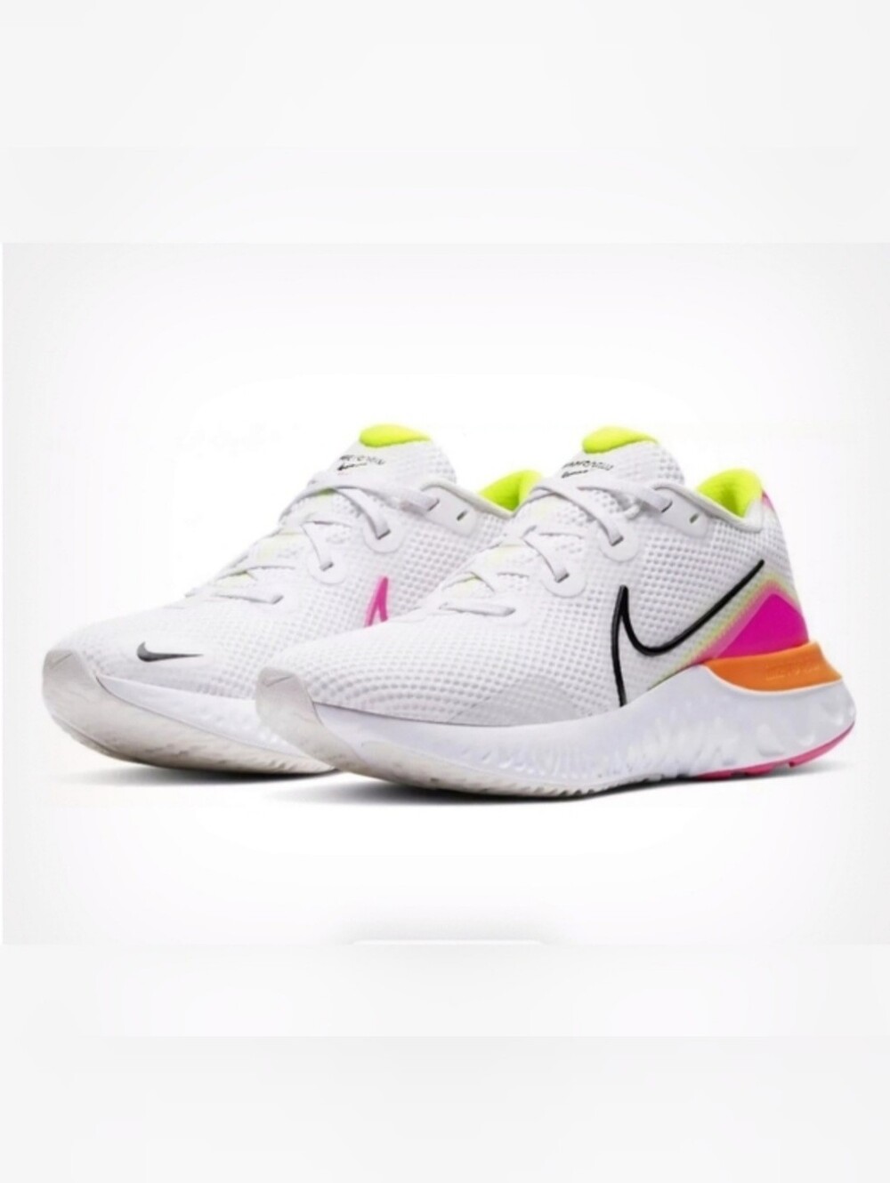 Nike Womans Renew Run White Sneakers with Pink, Neon Yellow & Black Accents 9